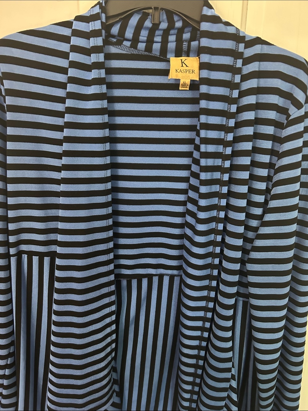 Kasper Black and Light Blue Striped Open Front Cardigan